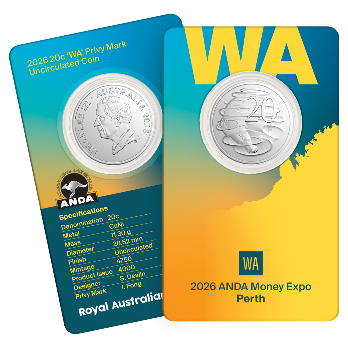 Perth Money Expo ANDA State Series - 2026 20c WA Privy Mark Coin in Card