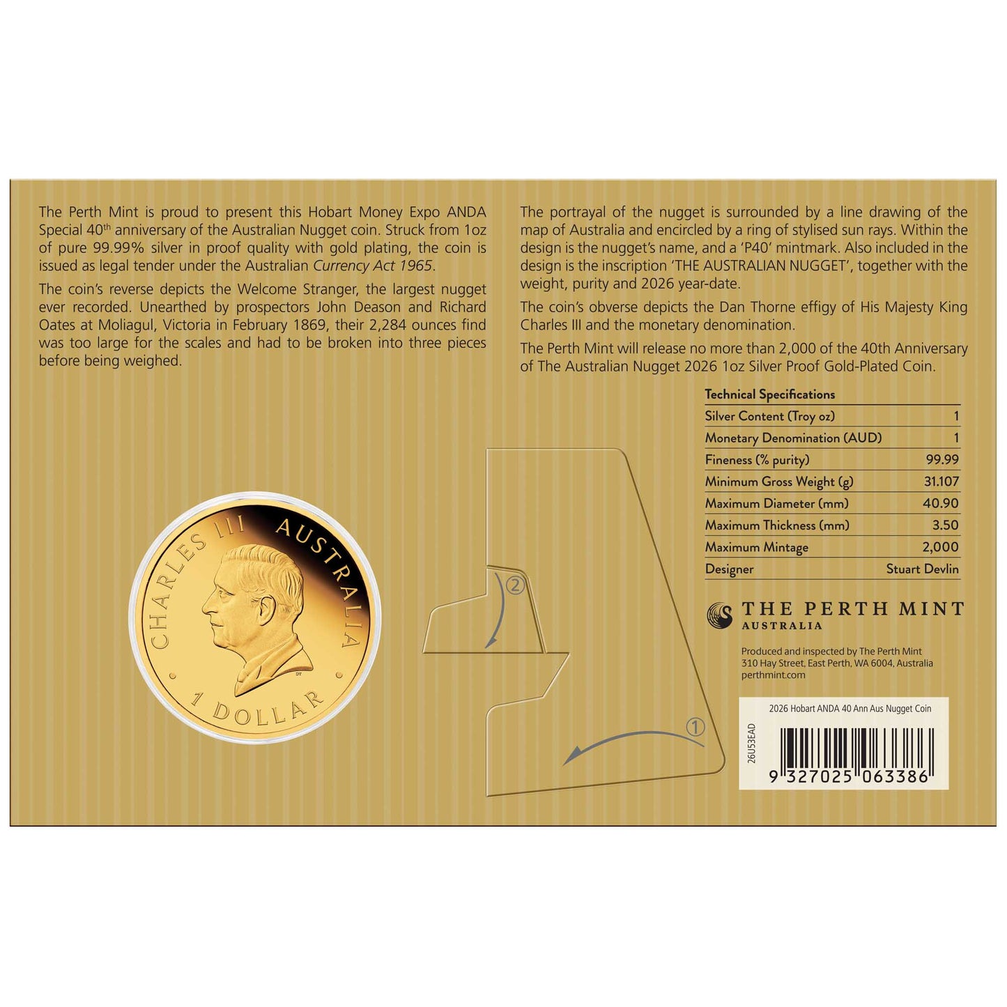 2026 Hobart Money Expo Special Australian Nugget 40th Anniversary 1oz Silver Proof Gold-Plated Coin