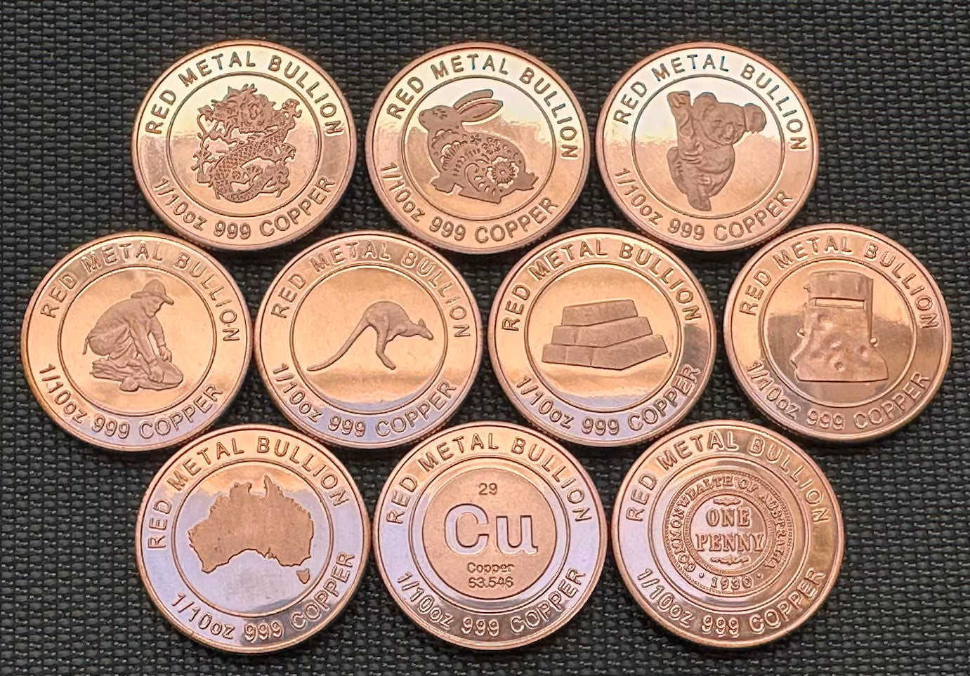 Set Of 10 x 1/10oz 999 Copper Bullion Coins "Collection Of Coins"