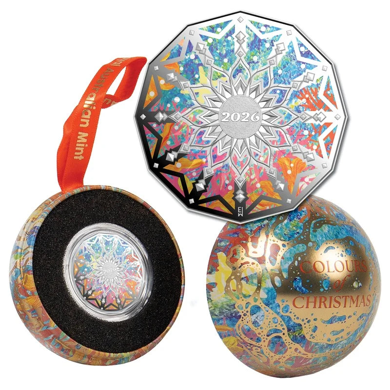 NEW RELEASE - 50c 2026 Christmas Decoration Coloured Silver Proof