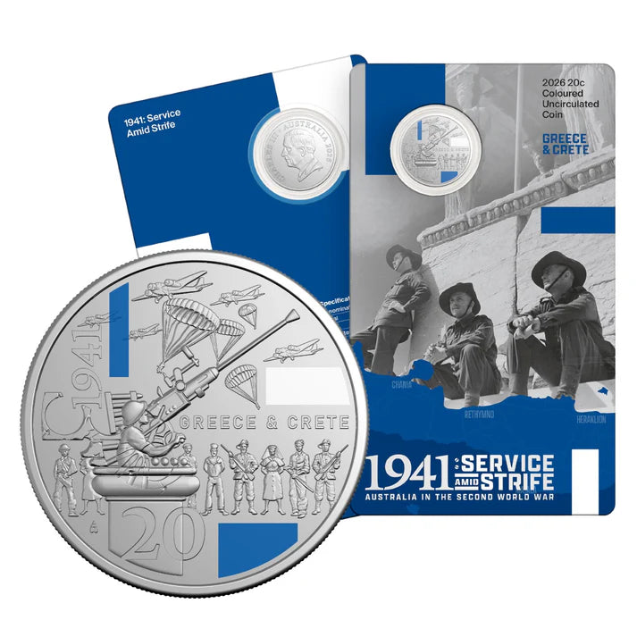 2026 SERVICE AMID STRIFE - Coloured 20c coin on card - GREECE & CRETE