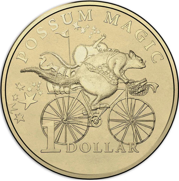 2017 Possum Magic "Grandma Poss riding a bicycle with an invisible Baby Poss on her back" $1 circulated