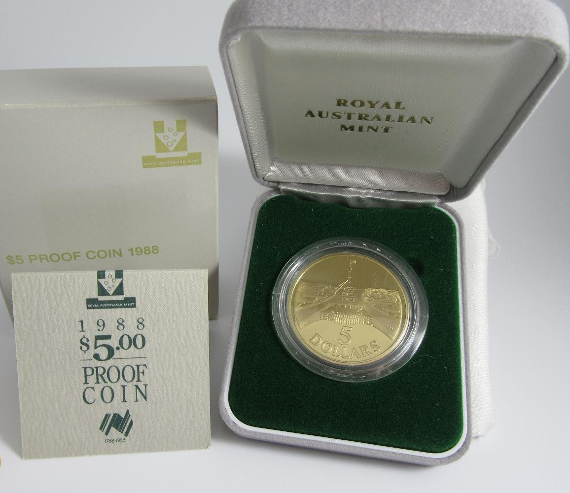 1988 $5 Proof Coin. "Parliament House."