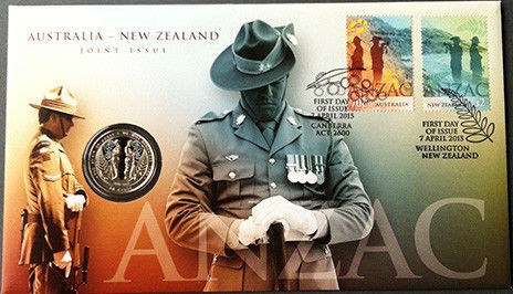 2015 50c ANZAC Australia & New Zealand Joint Issue with NZ Coloured Coin in PNC