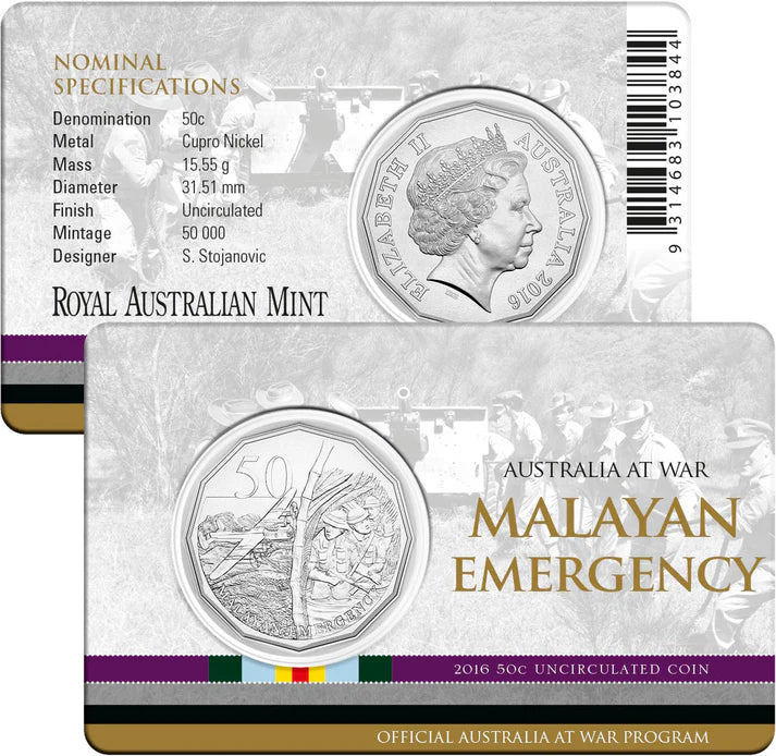 2016 Australia at War - "Malayan Emergency" 50 cent Uncirculated carded RAM
