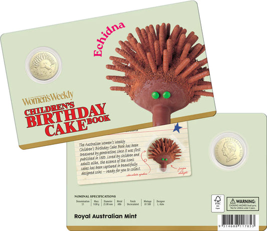 Australian womens weekly Birthday Cake Echidna 2025 1 dollar Uncirculated Coin in Card