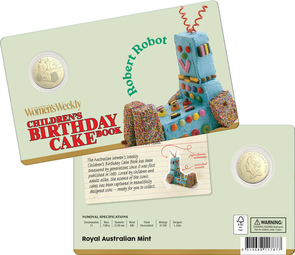Australian womens weekly Birthday Cake Robert Robot 2025 1 dollar Uncirculated Coin in Card