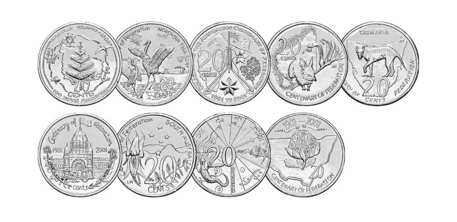 2001 CENTENARY OF FEDERATION 20c COIN SET - ALL 9 STATES & TERRITORIES CIRCULATED