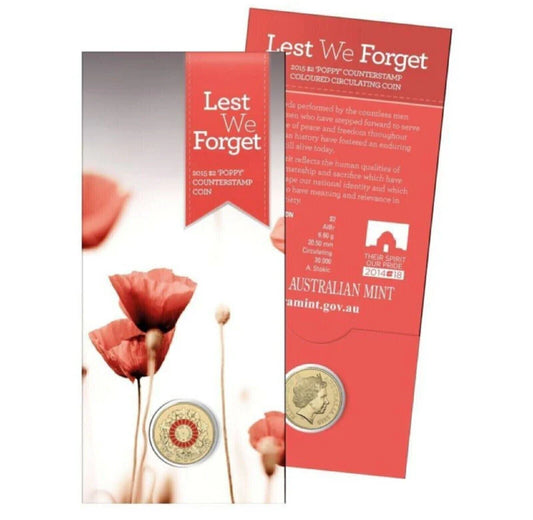 2015 $2 Lest We Forget Anzac Cove "Poppy" Counterstamp Low mintage