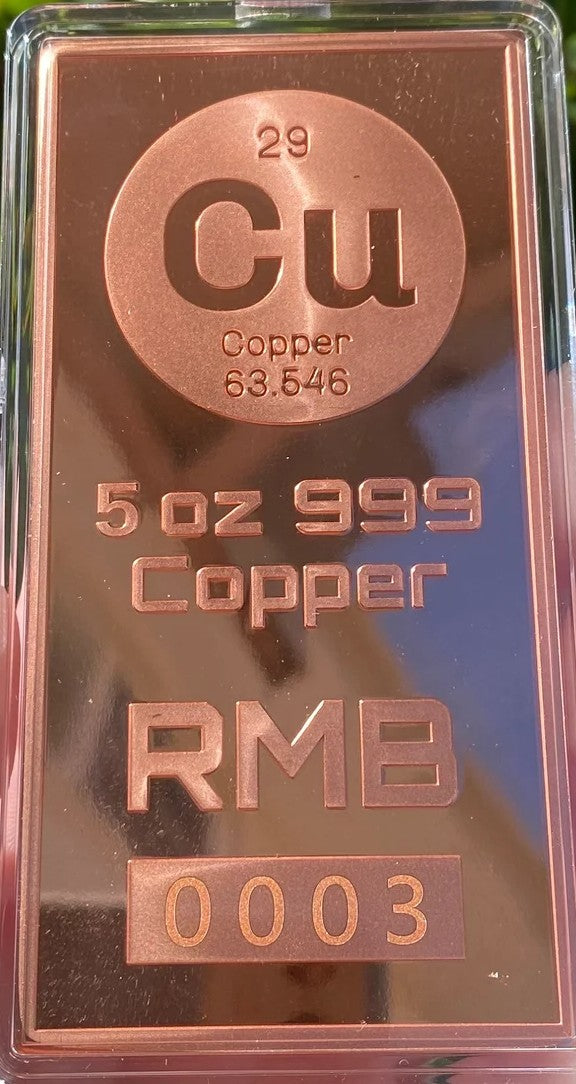LARGE 5oz 999 Copper Bullion Bar "Cu Element Symbol"