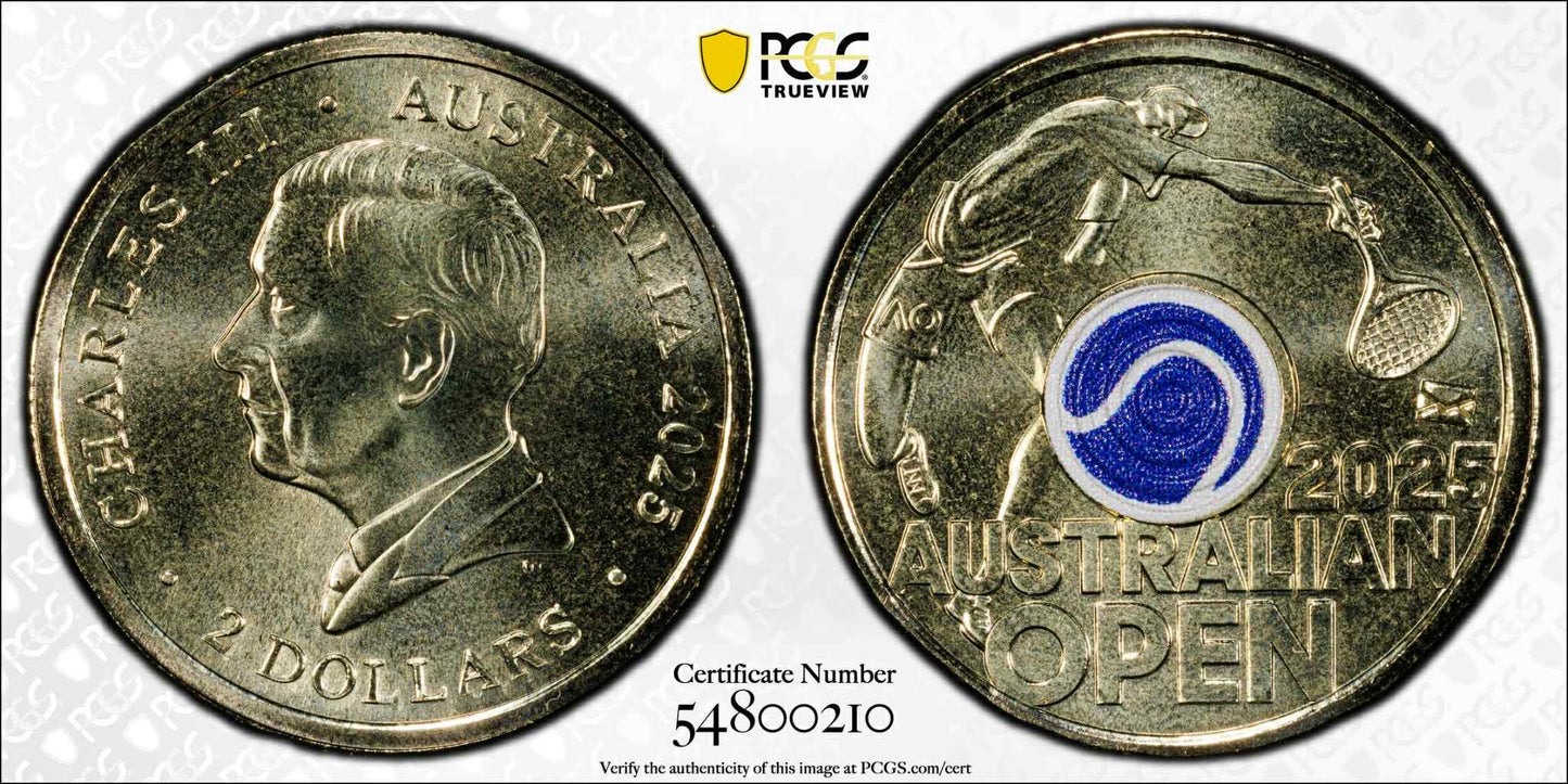 2025 $2 Men’s Australian Open Blue Envelope Privy Colorized PCGS MS69