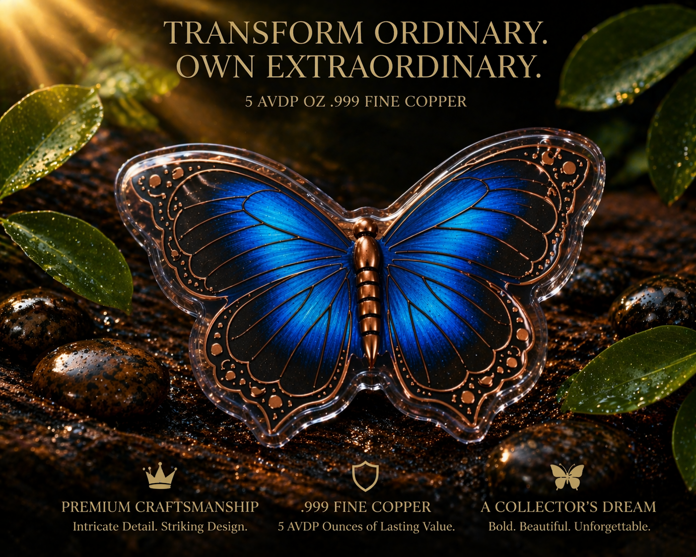 PRE ORDER - 5 AVDP OZ .999 Fine Copper Butterfly Bar – Copper Bullion Art Piece