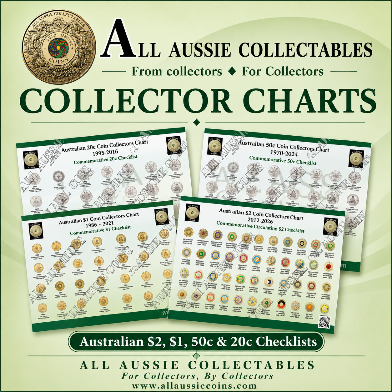 COIN COLLECTOR CHARTS A4 PRINTED & LAMINATED BUNDLE - 4 CHARTS $2, $1, 50c, 20c