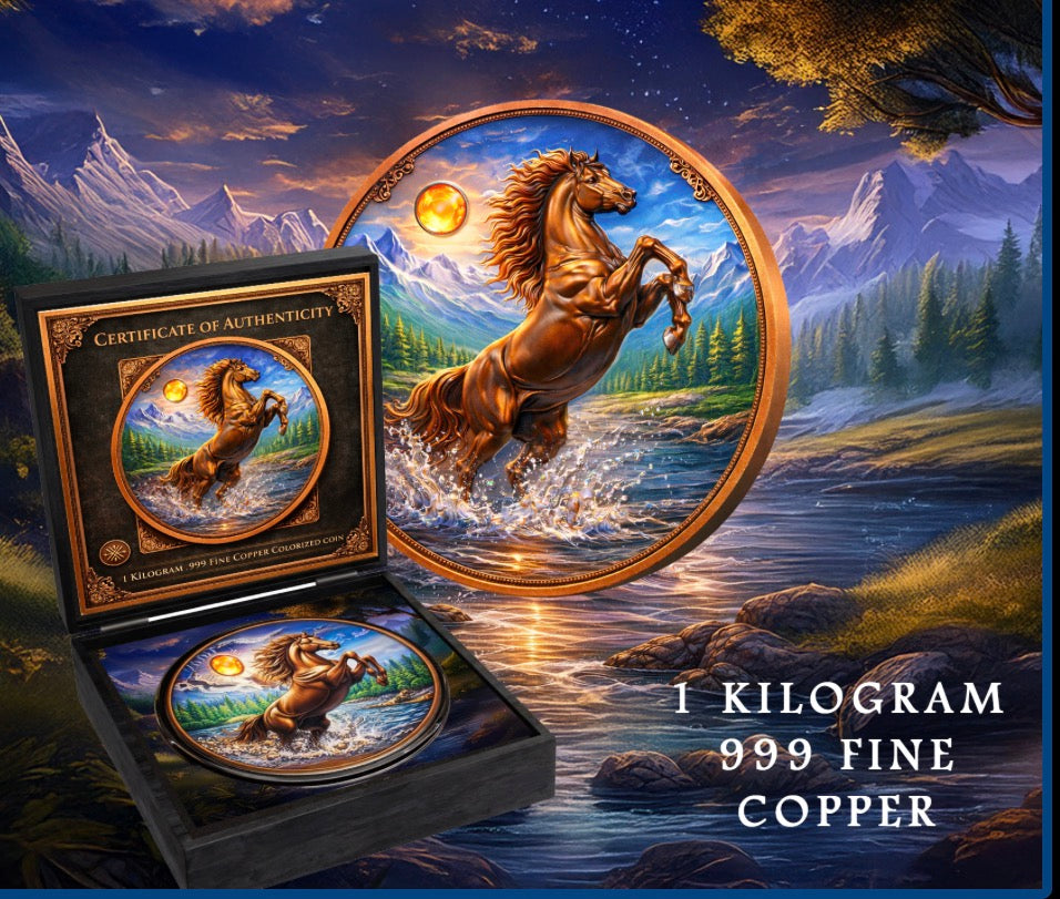 PRE ORDER - 2026 Year of The Majestic Mountain Stallion 1 Kilo .999 Fine Copper Colorized Coin | Horse Collector Round with COA & Display Box