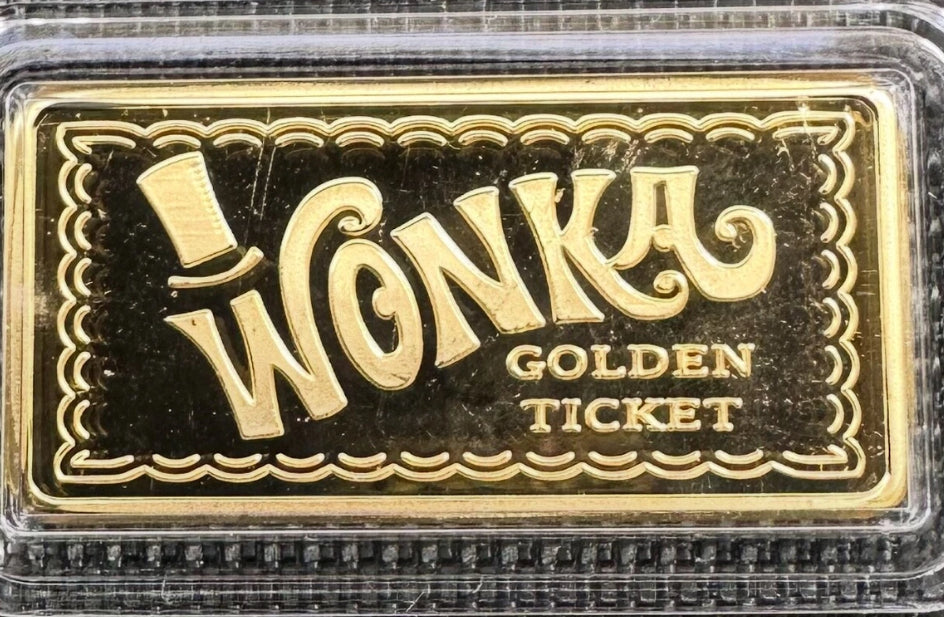 "WONKA GOLDEN TICKET" 5 Gram 999 Silver Bullion Bar In Capsule - 24k Gold Plate