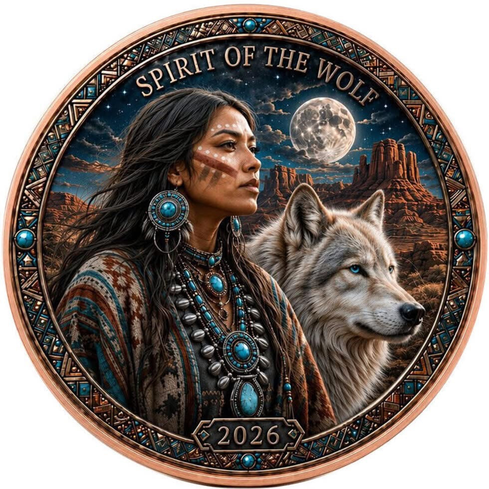 North American wildlife- Navajo native spirit of The Wolf 1 Oz copper round