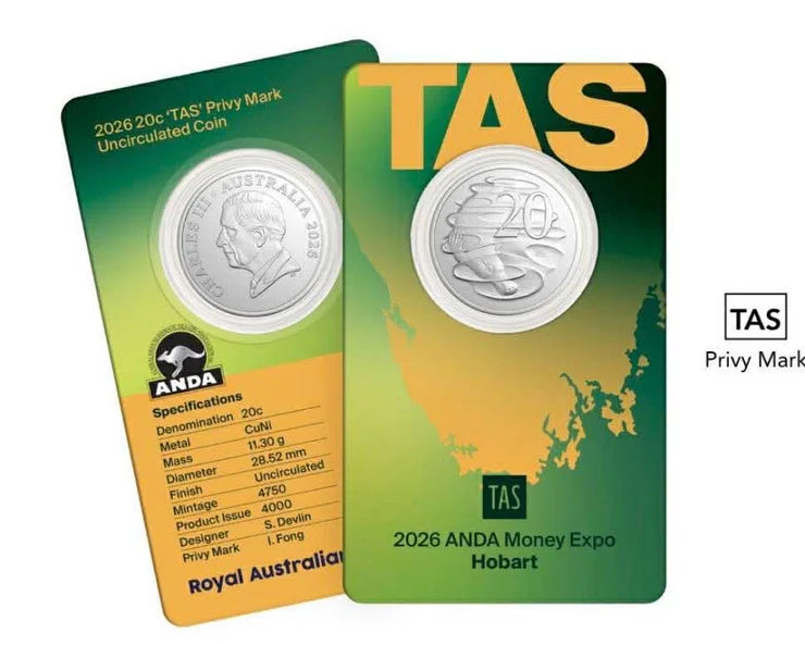 Hobart Money Expo ANDA State Series - 2026 20c TAS Privy Mark Coin in Card