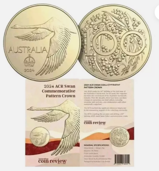 2024 ACR SWAN COMMEMORATIVE PATTERN CROWN COIN ON CARD. ONLY 10,000 MINTAGE