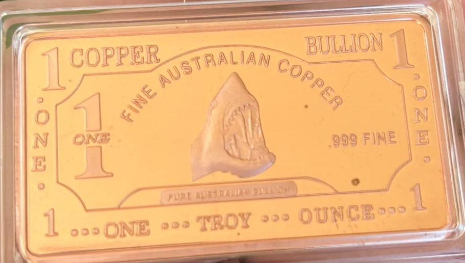 1oz 999 Copper Bullion Bar "Great White Shark" Pure Copper Bullion