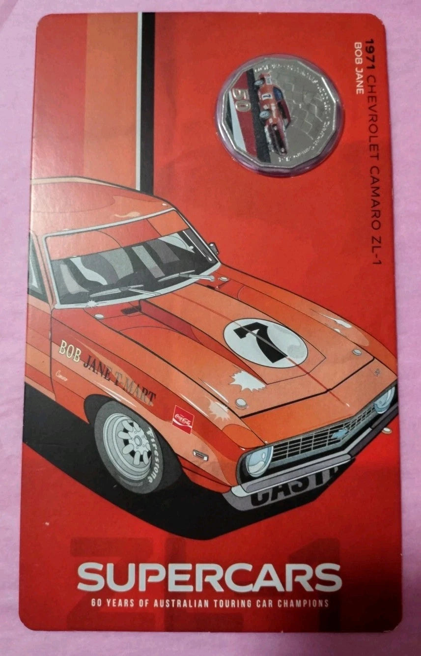 2020 SUPER CARS "Bob Jane" 1971 CHEVROLET CAMARO COIN ON CARD