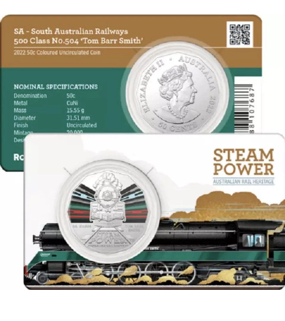 2022 Australian Steam Power 50c UNC in card SA Railways “TOM BARR”