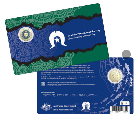 2025 2 dollar Torres Strait Islander Flag 'C' Mintmark Coloured Uncirculated Coin on card