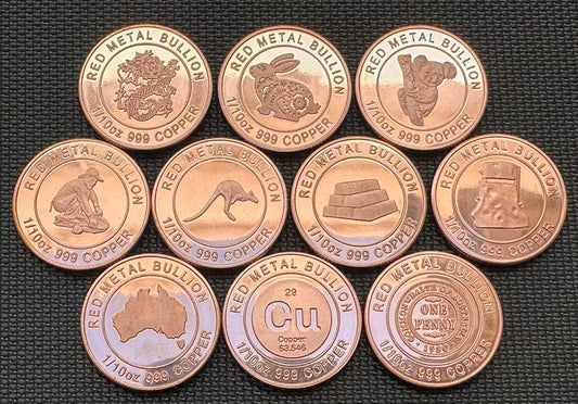 Set Of 10 x 1/10oz 999 Copper Bullion Coins "Collection Of Coins"
