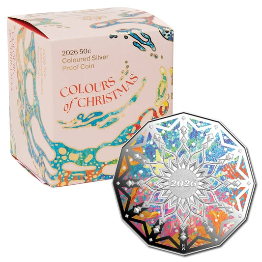 NEW RELEASE - 50c 2026 Christmas Decoration Coloured Silver Proof