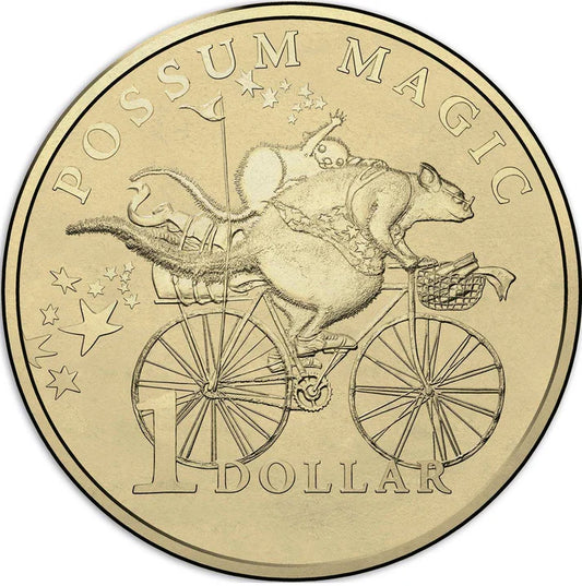 2017 Possum Magic "Grandma Poss riding a bicycle with an invisible Baby Poss on her back" $1 circulated