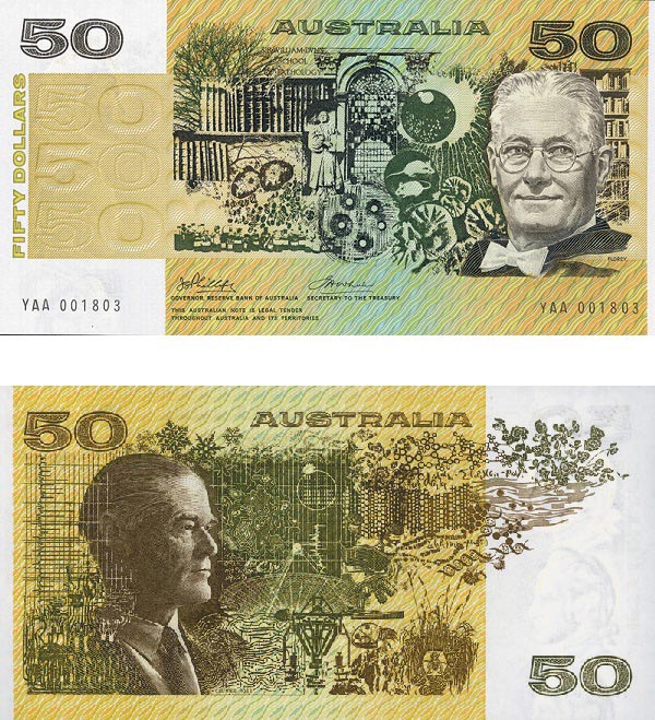 1991 AUSTRALIA $50 PAPER BANKNOTE FRASER/COLE VF