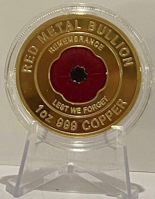 1oz 24k Gold Plated 999 Copper Bullion Coin "Red Poppy" Remembrance