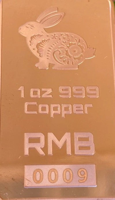 1 oz .999 copper bullion bar "Year of the Rabbit"