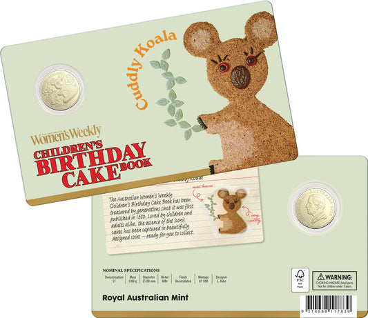 Australian womens weekly  Birthday Cake Cuddly Koala 2025 one dollar  Uncirculated Coin in Card