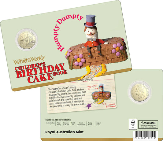 Australian womens weekly Birthday Cake Humpty Dumpty 2025 1 dollar Uncirculated Coin in Card