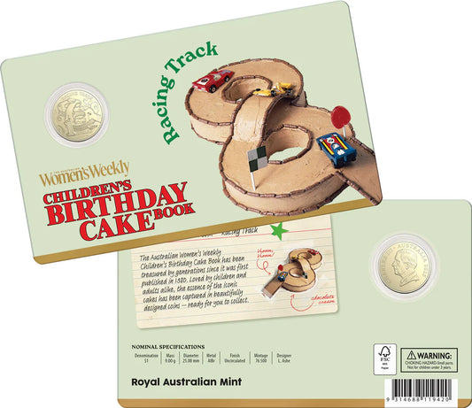 Australian womens weekly Birthday Cake Racing Track 2025 1 dollar  Uncirculated Coin in Card