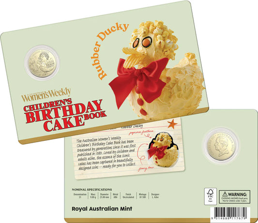Australian womens weekly Birthday Cake Rubber Ducky 2025 1 dollar Uncirculated Coin in Card