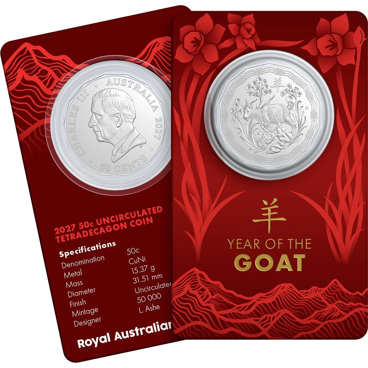 NEW RELEASE - 2027 50c Year Of The Goat Tetradecagon Uncirculated Coin
