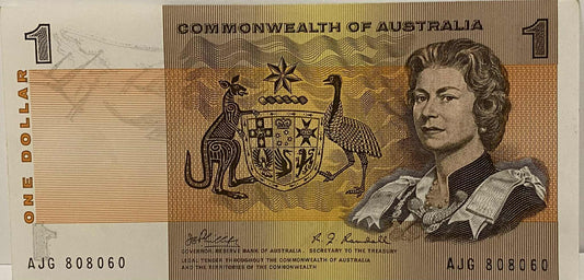 1969 COMMONWEALTH OF AUSTRALIA PHILLIPS/RANDALL $1 PAPER BANKNOTE - UNCIRCULATED STRICT ROTATOR SERIAL 6 DIGIT