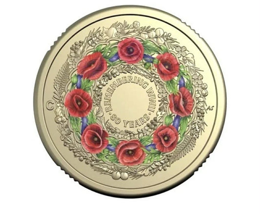 2025 Remembrance 80th Anniversary Remembering end of war WW2 Wreath Coloured $2 Coin poppy