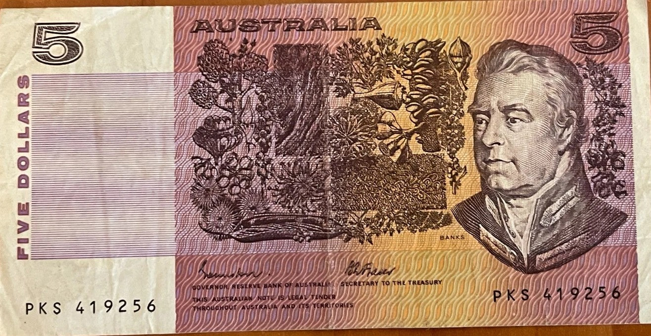 1990 $5 PAPER BANKNOTE - FRASER/HIGGINS CIRCULATED
