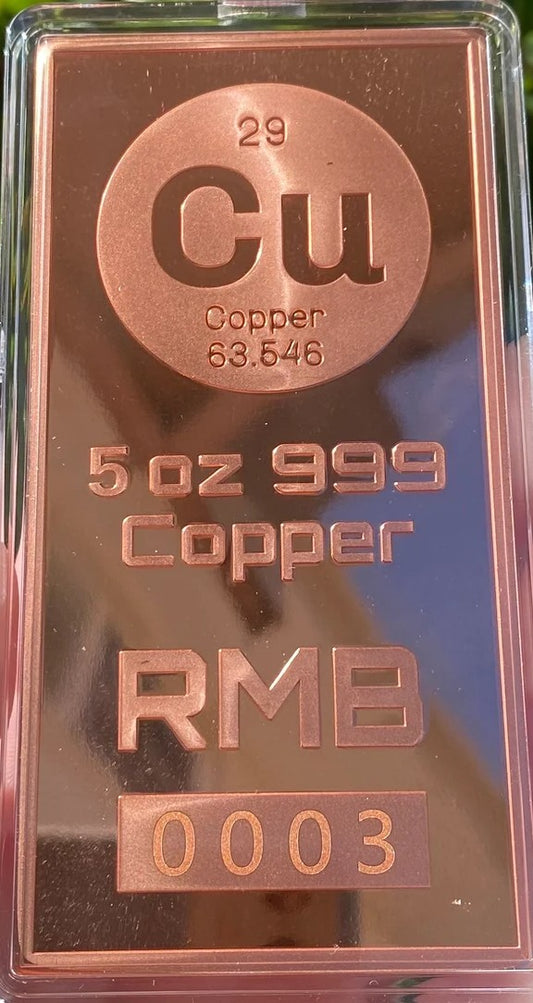 LARGE 5oz 999 Copper Bullion Bar "Cu Element Symbol"