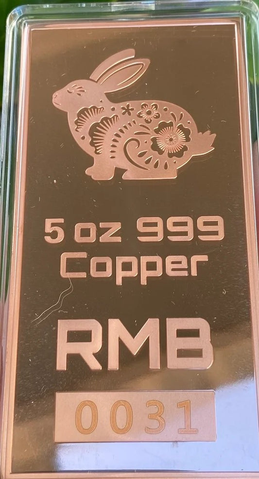 LARGE 5oz 999 Copper Bullion Bar "Year Of The Rabbit"