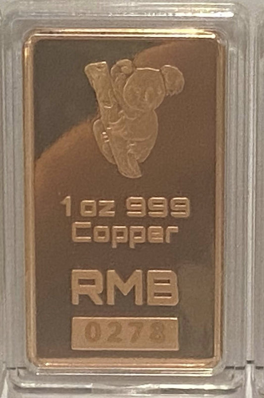 1 OZ 999 Fine Australian Pure Copper Ingot, KOALA