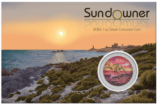 NEW RELEASE - Sundowner - Red Kangaroo 2026 1oz Silver Coloured Coin in Card