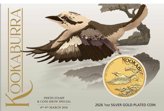 Perth Stamp and Coin Show Special Kookaburra 2026 1oz Silver Gold-Plated Coin in Card