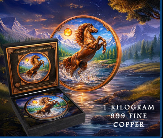 PRE ORDER - 2026 Year of The Majestic Mountain Stallion 1 Kilo .999 Fine Copper Colorized Coin | Horse Collector Round with COA & Display Box
