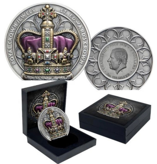 2026 ROYAL CROWN JEWELS $5 IMPERIAL STATE CROWN ULTRA HIGH RELIEF 2OZ SILVER ANTIQUE COIN