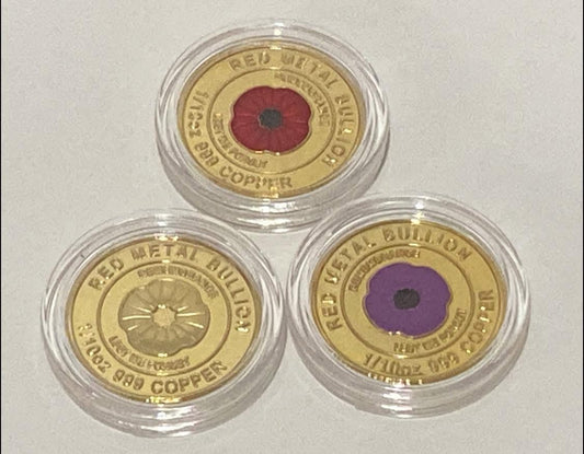 Gold plated 1/10 Oz “Remembrance“ red, purple & gold poppy copper rounds