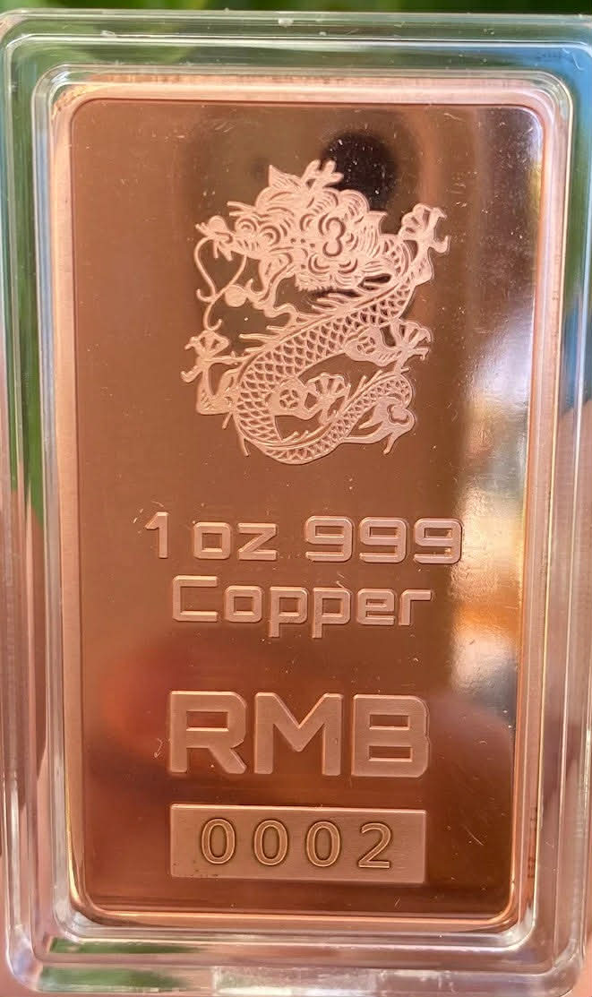 1 Oz .999 copper bullion bar "YEAR OF THE DRAGON”