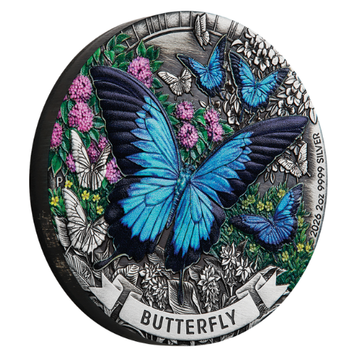NEW RELEASE - 2026 Butterfly 2oz Silver Antiqued Coloured Coin